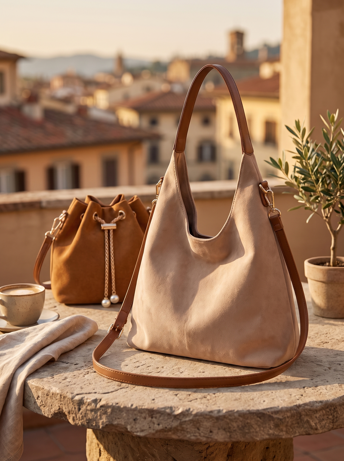 Bolso beige de piel con vistas a Florencia al atardecer